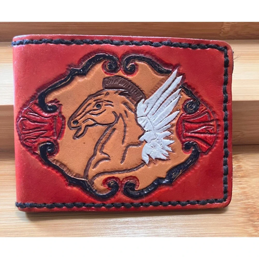 Vintage Bifold Wallet Mens OS Red Tooled Leather Pegasus Handcrafted Western